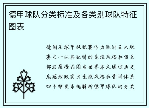 德甲球队分类标准及各类别球队特征图表